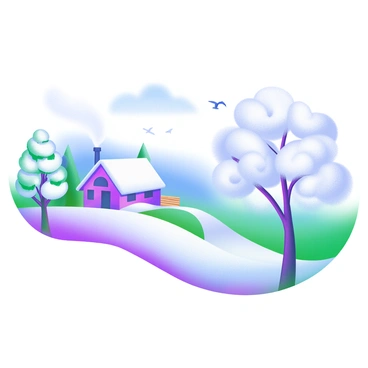 A winter scene depicting a landscape with "snow gently covering the ground," resembling a soft mantle. In the foreground, there are "snow-covered trees" with branches heavy with white snow. A small "cabin with smoke rising from the chimney" sits peacefully amidst the trees. The sky overhead is a "soft blue" with wispy clouds, and a few "birds can be seen flying" in the distance. A pathway leads from the cabin into the snow, creating depth in the scene.