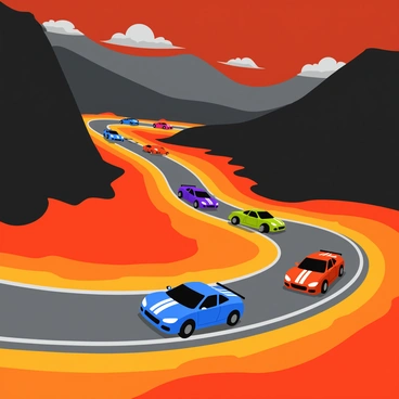 A fiery scene with multiple colorful race cars speeding around a winding track that is suspended high above flowing orange and red lava. The track is made of a metallic material, gleaming under the bright light of molten rock below. In the background, steep volcanic mountains loom, with smoke and ash billowing into the sky. The sky is filled with a gradient of deep reds and dark grays, suggesting an active volcanic atmosphere. Some cars are taking sharp turns while others are in a straight line, showcasing their aerodynamic designs. The racing scene is full of energy and motion, highlighting the thrilling nature of the competition against a dramatic backdrop.