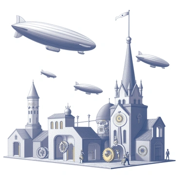 A landscape filled with various airships floating in the sky. Each airship features distinct designs, showcasing metal and brass elements along with intricate propellers. Below the airships, a bustling cityscape is visible, with buildings displaying clockwork machinery and gears integrated into their architecture. Some structures have exposed cogs and wheels, emphasizing the mechanical theme. The scene captures a sense of activity, with figures dressed in steampunk attire walking along cobblestone streets, interacting with the machinery and each other.