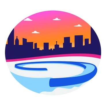 A winding luge track with smooth curves and sharp turns, set against a backdrop of a vibrant city skyline. The sunset paints the sky in shades of orange, pink, and purple, casting a warm glow over the buildings. The track is surrounded by snow, contrasting with the colorful sky and the dark silhouettes of the skyscrapers. In the distance, a few scattered clouds catch the sunlight, enhancing the picturesque scene.