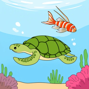 A curious sea turtle with a green shell and intricate patterns is gracefully swimming underwater. Its flippers are outstretched, propelling it forward. Beside the turtle, a majestic lionfish displays its vibrant red and white striped body, with long, flowing fins extended beautifully. The water is a clear blue, with soft light filtering through, casting gentle ripples around the two marine creatures. Small bubbles trail behind as they move, and colorful coral formations can be seen in the background, completing the underwater scene.