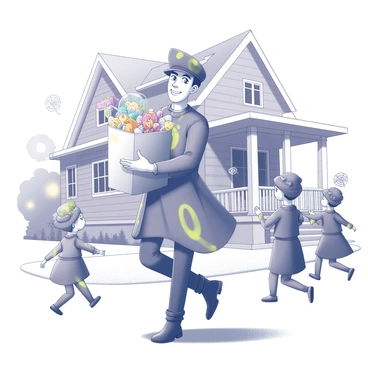 A mailman dressed in a whimsical costume with bright patterns is cheerfully delivering Halloween treats. He is holding a large bag filled with various candies and spooky-themed goodies. The mailman is standing in front of a charming house with carved pumpkins on the porch. The scene captures the festive spirit of Halloween, with cobweb decorations hanging around and a few children in costumes excitedly approaching him. The sky is clear, and the sun casts soft shadows on the ground.