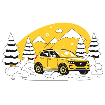 A crossover SUV driving through a snowy landscape. The vehicle has a sleek design with prominent headlights and distinct curved edges. It is creating tracks in the fresh, untouched snow as it moves forward. Pine trees dusted with snow line the sides of the road. In the background, snow-capped mountains rise against a cloudy sky. Flurries of snowflakes are falling gently around the scene, adding to the wintry atmosphere. The SUV's windows reflect the surrounding snowy environment.