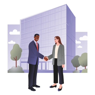 A digital flat illustration featuring two businesspeople shaking hands. The man on the left has dark skin and short black hair, and he is dressed in a navy blue suit with a light blue shirt and a red tie. The woman on the right has light skin and long brown hair, and she is wearing a gray blazer over a white blouse and black trousers. They are positioned in front of a large corporate building with a glass facade that reflects the sky. The background includes a few trees and a blue sky with white clouds.
