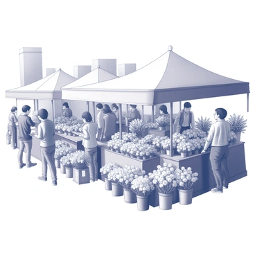 A lively flower market in an urban setting. Numerous stalls are filled with a diverse array of flowers, showcasing various shapes and sizes. The flowers appear to be neatly arranged, with some in pots and others in bouquets. Market-goers are seen interacting with the vendors, examining the floral displays, and selecting their purchases. The scene is busy with people moving around, while some are engaged in conversation. Background elements include buildings that suggest a city atmosphere, enhancing the market's vibrant energy.