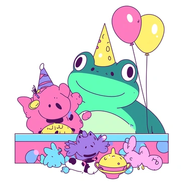 A teal cheerful frog is sitting at a colorful game booth at a carnival. The frog is wearing a small yellow party hat and is holding a large plush toy. In front of the frog, there is a table filled with various colorful prizes, including bright stuffed animals and shiny trinkets. Balloons are floating in the background, adding to the festive atmosphere. The frog's eyes are wide with excitement as it looks at the prizes it has won.