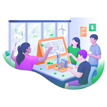 A modern pastel illustration of a classroom filled with students engaging in learning about electrical engineering concepts. In the center of the room, there are several interactive models, including a wiring diagram board and a small wind turbine model, demonstrating different principles of electricity. Students of diverse backgrounds are gathered around these models, observing and discussing their features. One student is pointing at a circuit board, while another is taking notes. Large windows let in natural light, illuminating the classroom filled with educational posters and diagrams related to engineering concepts.