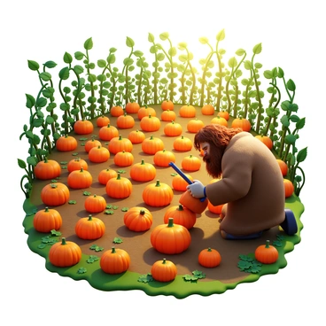 A large pumpkin patch with numerous pumpkins in various sizes and shapes scattered throughout. Hagrid, a giant figure with wild hair and a beard, is kneeling next to one of the pumpkins, inspecting it closely. He is wearing his characteristic shaggy coat and holding a gardening tool in one hand. Sunlight filters through the leaves of the surrounding plants, casting soft shadows on the ground. The vibrant orange of the pumpkins contrasts with the rich green of the vines and foliage.