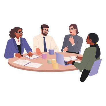 A diverse group of colleagues is gathered around a round table, engaged in a discussion about a project proposal. There are four individuals at the table. On the left, a woman with dark skin and curly hair is wearing a blue blazer and glasses, she is pointing at a document in front of her. Next to her, a man with light skin and short brown hair, dressed in a white shirt and navy tie, is taking notes on a notepad. Across from them sits a man with medium skin and beard, wearing a gray sweater, who is gesturing as he speaks. Finally, a woman with medium skin and long black hair tied in a ponytail is wearing a green blouse and nodding in agreement, her laptop open in front of her. The table is adorned with a coffee pot, mugs, and various project papers spread out, creating a collaborative atmosphere.