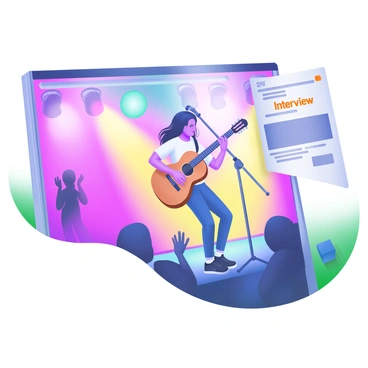 A modern pastel illustration featuring a musician playing an acoustic guitar on a brightly lit stage. The musician has long hair and is wearing a casual t-shirt and jeans. Surrounding the musician are colorful stage lights in shades of pink, blue, and yellow, creating an energetic atmosphere. The background includes an audience, with some people clapping and others swaying to the music. In the corner of the image, there is a magazine layout with a title that reads "Interview" in bold letters.
