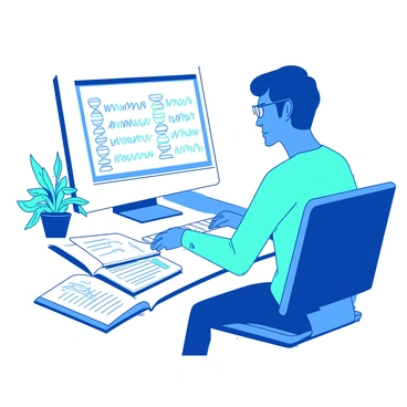 A blue genetics researcher wearing glasses sits in front of a white computer screen displaying colorful DNA sequences. The researcher is focused, with one hand resting on the keyboard and the other gesturing towards the screen. Around the researcher, there are several open notebooks filled with notes and charts. A small teal plant sits on the desk, adding a touch of greenery to the workspace. The room is well-lit, highlighting the intricate details of the DNA sequences on the screen.