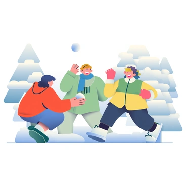 A group of three friends is engaged in a playful snowball fight in a snowy winter wonderland. One friend with dark hair and a red jacket is crouched down, gathering snow in their hands to form a snowball. Another friend, wearing a blue scarf and a green parka, is laughing as they throw a snowball toward the third friend. The third friend, who has curly hair and is dressed in a yellow winter coat, is running away, playfully dodging the snowball. Fluffy, white snow blankets the ground and clings to the branches of the trees surrounding them, and the sky above is a soft gray, hinting at more snow to come.