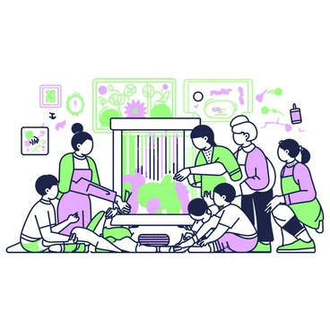 A group of children and seniors are gathered around a large loom, working together on a tapestry. The children are using bright threads while the seniors are guiding them, providing instructions and encouragement. Some of the children are sitting on the ground, carefully weaving strands into the loom, while others are holding spools of thread. The seniors, with their wise expressions, are demonstrating techniques with their hands. Scattered around the workspace are colorful fabric pieces, scissors, and sketches of designs for the tapestry. In the background, a cheerful mural decorates the wall, depicting scenes of nature.