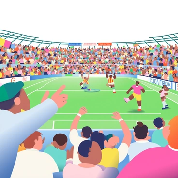 A vibrant soccer stadium is filled with fans celebrating a goal. The stands are packed with people of various ages and ethnicities, all cheering enthusiastically. Many fans are waving colorful flags in shades of red, blue, and yellow. Banners with team logos and messages hang throughout the stadium. Some fans are jumping in excitement, while others have their arms raised high in the air. The green turf of the soccer field is visible, with players in colorful uniforms in the background, capturing the intensity of the moment. The sky above the stadium is clear, adding to the lively atmosphere of the scene.