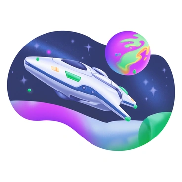 A futuristic spacecraft with sleek lines and bright metallic surfaces is depicted soaring through a starry space backdrop. The spacecraft is adorned with various colorful lights and intricate details, showcasing its advanced technology. In the distance, a vibrant, alien planet with swirling colors in its atmosphere and unique geographical features is visible. The spacecraft is oriented towards the planet, creating a sense of exploration and adventure. Star clusters and distant galaxies fill the background, enhancing the vastness of space.