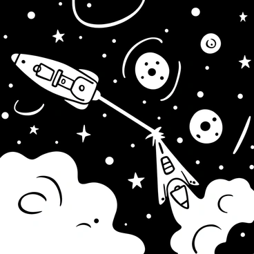 A scene depicting two spaceships exchanging laser fire in a dynamic battle. One spaceship is darting to the left, while the other is maneuvering to the right, both emitting beams of light from their weapons. Surrounding them are swirling patterns representing nebulas, with stars scattered throughout the background. The ships are adorned with various markings and designs, emphasizing their distinct identities in the conflict. The overall atmosphere captures the intensity of the battle.