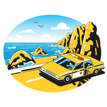 A police car with a distinct black-and-white pattern is parked on the side of a coastal road. The car features a light bar on the roof, and the police emblem is visible on the doors. The road curves along the coastline, flanked by cliffs and lush greenery. The ocean sparkles in the sunlight, with waves crashing against the rocks below. In the distance, a clear blue sky meets the horizon, and seagulls can be seen flying above the water.
