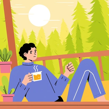 A person with short brown hair is sitting on a wooden porch, holding a hot cup of tea with steam rising from it. The person is wearing a cozy blue sweater and has a relaxed expression. In the background, there is a lush green forest filled with tall trees and vibrant foliage. The sun is setting, casting warm golden light that highlights the scene. The porch has wooden railing and a few potted plants. The atmosphere conveys a sense of peace and comfort.
