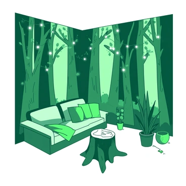 A room designed to resemble an enchanted forest, featuring tall green tree-like decor that reaches towards the ceiling. The walls are adorned with intricate bark patterns, enhancing the forest atmosphere. Soft white fairy lights are draped throughout the space, casting a gentle glow that illuminates the room. In one corner, there is a comfortable seating area with plush cushions in shades of green, inviting relaxation. A small wooden table shaped like a tree stump is placed centrally, surrounded by potted plants that add to the natural feel. The overall composition creates a magical, immersive environment that evokes the charm of a woodland retreat.