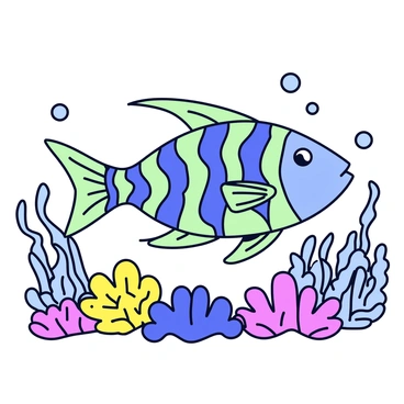 A fish with intricately detailed scales reflecting shades of blue and green. The fish has elongated fins that gracefully fan out as it swims. Surrounding the fish is a vibrant coral reef filled with various types of coral, including fan coral and brain coral. Small bubbles trail behind the fish as it moves through the clear water, creating a lively underwater scene.