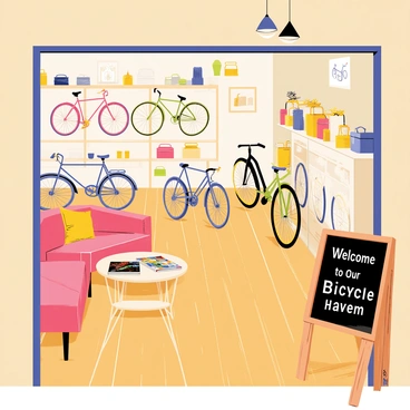 A cozy bicycle store with wooden floors and warm lighting. The store is filled with several vintage bicycles, each with unique colors and designs, resting on display stands. The walls are adorned with rustic decor, including wooden shelves holding bicycle accessories and memorabilia. A small, inviting seating area features a couple of plush chairs and a coffee table topped with cycling magazines. A chalkboard sign at the entrance reads "Welcome to Our Bicycle Haven" in playful lettering.