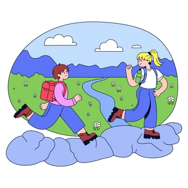 Two best friends hiking up a rocky mountain trail. One friend has short brown hair and is wearing a red backpack, while the other has long blonde hair tied in a ponytail and is carrying a green water bottle. They are both wearing hiking boots and comfortable outdoor clothing. In the background, there is a stunning view of a green valley below, with patches of wildflowers and a winding river visible. The sky is clear with a few fluffy clouds, adding brightness to the scene.