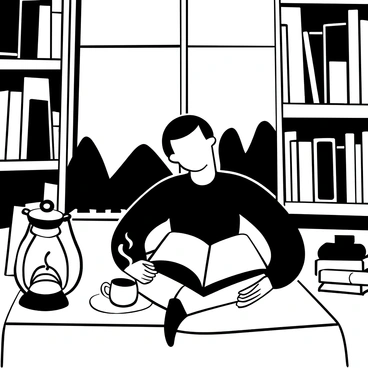 A woman sitting at a library table, with her hands resting on an open book in front of her. She is surrounded by tall stacks of books, some open and some closed, creating a cozy atmosphere. A lantern is placed on the table, casting soft light on the pages. The shelves behind her are filled with various titles, creating a sense of depth in the library. A cup of coffee sits next to the book, steam rising gently above it. A large window in the background allows for a glimpse of the trees outside, their silhouettes visible.