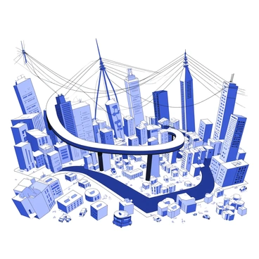 Elevated roadways are crisscrossing above a sprawling city filled with towering skyscrapers. Below the roadways, there are numerous buildings of varying heights and designs, many of which appear worn and aged. The sky is filled with a network of dark cables and structures, adding to the industrial atmosphere. Shadows of the elevated roads loom over the city, creating contrasting areas of light and darkness on the streets below. In the foreground, a few scattered vehicles can be seen navigating the roads, while small clusters of people wander through the urban landscape, emphasizing the scale of the city.