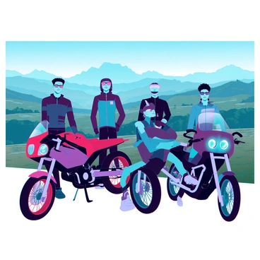 A group of five bikers is gathered at a scenic overlook, showcasing a variety of bike styles and colors. Each biker wears distinct types of glasses; one has aviator sunglasses, another wears round retro glasses, while the third has sporty goggles. The fourth biker sports oversized shades, and the last one has reflective mirrored lenses. The bikers are positioned next to their motorcycles, which are gleaming under the sunlight. In the background, a sweeping landscape of mountains and valleys stretches out, filled with lush greenery and a clear blue sky.