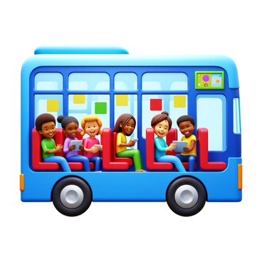 A smart bus with a sleek, modern design, featuring large windows and a vibrant color scheme. Inside, a group of diverse children is seated, each engaged with various educational tech devices. Some children are using tablets, while others interact with interactive screens mounted on the bus walls. The interior is brightly lit and filled with colorful educational posters. The children are smiling and laughing, clearly enjoying the experience of learning on the go.