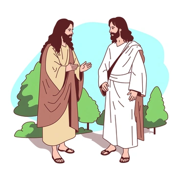 A scene depicts "John the Baptist" and "Jesus" standing in a natural setting. "John" is wearing a simple, earth-toned robe with a rough texture, and he has long hair and a beard that flow gently. "Jesus" is adorned in a flowing white robe, with a soft, serene expression. They are positioned facing each other, exchanging respectful glances, their eyes conveying a deep connection. Behind them, there are soft, green trees and a clear blue sky, creating a peaceful atmosphere that enhances the significance of their interaction.