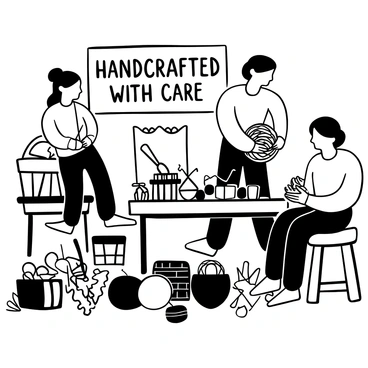 Artisans in a workshop are skillfully working on various items made from coir fibers. One artisan is weaving a coir basket with delicate attention to detail, while another is shaping coir mats on a nearby table. Tools and equipment are arranged neatly around the space, such as scissors, twine, and measuring tools. The workshop is filled with coir fibers in different stages of processing, showcasing the craftsmanship involved. "Handcrafted with care" is prominently displayed on a wooden sign in the background.