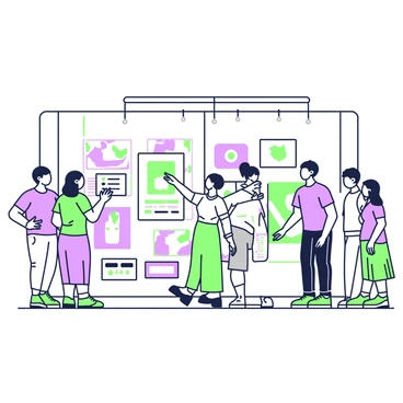 An art gallery interior filled with various illustrations hanging on the walls. Each illustration showcases a unique design, some framed and others unframed. In the foreground, a group of visitors is gathered around one piece, actively discussing it while pointing at specific details. One visitor is holding a feedback form and a pen, ready to jot down notes. In the background, another artist stands beside a different illustration, engaging with a couple of visitors who admire their work. The gallery has wooden flooring and soft lighting illuminating the artwork.