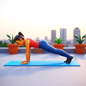 A person in athletic clothing performing knee push-ups on a rooftop. The scene captures the soft light of early morning, with a gentle glow illuminating the surroundings. The skyline of a city is visible in the background, showcasing buildings and a clear sky. The person appears focused, with determination on their face, positioned on a yoga mat. A few potted plants are placed around the rooftop, adding a touch of greenery to the urban environment.