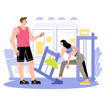 A gym trainer standing beside a dip station, assisting a client with chest dips. The trainer has short brown hair and is wearing a red tank top and black shorts. The client is a young woman with long black hair, wearing a blue sports bra and gray leggings. She is positioned on the dip station, gripping the handles with determination. The gym is filled with various exercise equipment in the background, and there are motivational posters on the walls. Bright overhead lights illuminate the scene, emphasizing the focus on fitness and training.