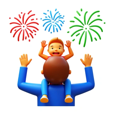 A child sitting on an adult's shoulders, both looking upwards with excitement. The sky is illuminated by a vibrant fireworks display in various colors, including red, blue, and green. The child has a joyful expression, with hands raised in delight. The adult has a look of pride and joy, watching the fireworks with the child. The scene captures the moment of wonder and celebration.