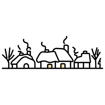 A quaint village is covered in a thick layer of white snow. Each house has a sloped roof, with snow accumulating on top. Smoke is rising from the chimneys of the houses, forming soft gray puffs against the crisp air. Some trees are scattered throughout the village, their branches weighed down by the snow. The scene evokes a sense of stillness and tranquility.