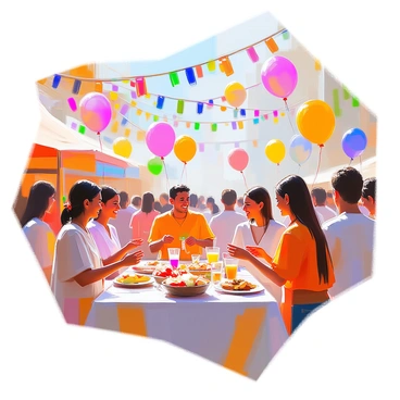 A cheerful festival scene filled with vibrant decorations. "Colorful paper clips" are strung together as "garlands" that hang from overhead structures, creating a joyful atmosphere. People are gathered, enjoying the festivities, with some engaging in lively conversation. Balloons in various colors float in the air, adding to the festive mood. There are tables set up with food and drinks, surrounded by individuals wearing bright clothing, smiling and celebrating the occasion. The setting is lively and vibrant, showcasing the excitement of the festival.