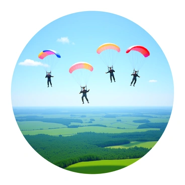 Paratroopers in military uniforms, equipped with helmets and gear, are jumping from a military aircraft. Their parachutes are fully deployed, featuring vibrant colors. Below, a diverse landscape stretches out, showcasing rolling hills and patches of dense forest. The sky is clear with a few clouds, providing a bright backdrop to the scene. The paratroopers are in various poses, some descending swiftly while others are more leisurely. The overall composition captures the dynamic action of the jump and the expansive beauty of the terrain below.