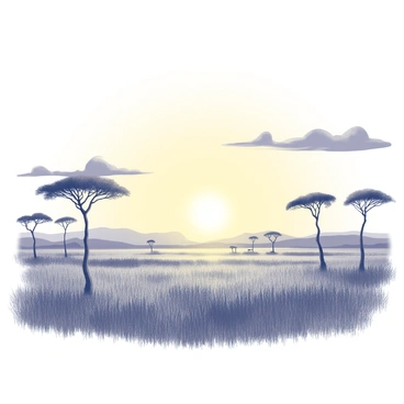 A vast savanna landscape stretches across the scene. The ground is covered in tall, dry grasses that sway gently in the breeze. Scattered throughout the savanna are several acacia trees, characterized by their distinctive, umbrella-like canopies. The sky is filled with clouds, illuminated by the warm light of a golden sunset, casting long shadows across the terrain. The horizon is where the sun dips low, creating a dramatic contrast against the landscape.
