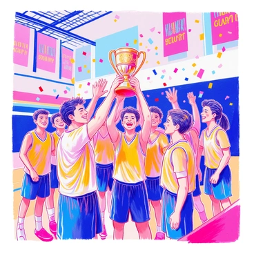 A trophy with a shiny silver surface is being presented to a victorious team in a sports hall. The trophy is held high by a coach who is smiling broadly. The winning team, comprised of players wearing matching jerseys, stands together with their arms raised in celebration. Some players are holding their hands on the trophy, while others are cheering. Colorful confetti falls from above, adding to the festive atmosphere. In the background, banners celebrating the championship are displayed on the walls.