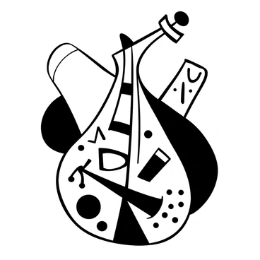 A black-and-white illustration of a musical instrument featuring intricate geometric patterns across its body. The instrument has a constructivist influence, showcasing sharp angles and a dynamic shape. Various circles and triangles are embedded within the design, creating a sense of rhythm and movement. The background includes abstract shapes that complement the instrument's form, enhancing the overall composition.