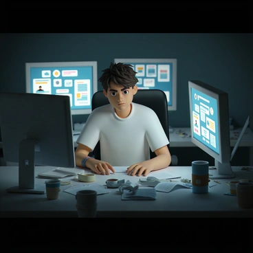 A person sitting at a desk cluttered with multiple computer monitors displaying various notifications. The individual has disheveled hair and is wearing a wrinkled shirt, indicating a long day. Their facial expression shows clear signs of stress, with furrowed brows and wide eyes. Various notifications are visible on the screens, such as alert icons and chat bubbles. The dim lighting of the room adds to the tense atmosphere. Empty coffee cups and scattered papers surround the person, portraying a chaotic work environment.
