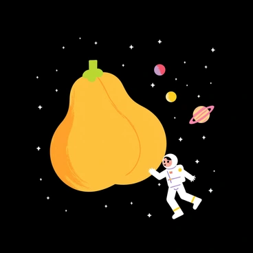 A butternut squash with a smooth, orange skin is floating freely in a dark outer space backdrop filled with tiny white stars. Nearby, a tiny astronaut in a white suit and helmet is reaching out toward the squash, with expressive features showing curiosity. The astronaut is surrounded by a few colorful planets in the distance, adding to the whimsical atmosphere of the scene.