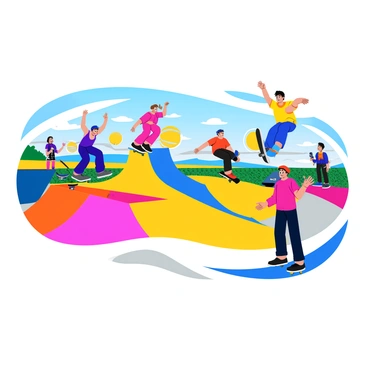 A group of skateboarders performing tricks on various ramps and rails in a lively urban skate arena. The scene features two skateboarders in mid-air, one executing an impressive kickflip while the other is performing a grind on a rail. Brightly colored graffiti covers the walls of the skate arena, adding an energetic vibe to the setting. Spectators can be seen cheering from the sidelines, some holding skateboards and wearing casual, vibrant clothing. The sun casts dynamic shadows across the ramps, emphasizing the action of the skateboarders.