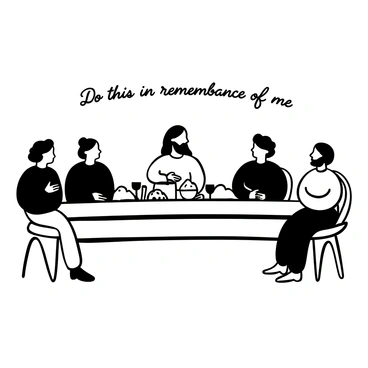 A long wooden table is set in the center of the image, with a variety of bread and wine on it. Jesus is depicted at the table's head, with his disciples arranged on either side. Each disciple is engaged in conversation, with gestures indicating discussion. The setting is simple, highlighting the table and the food. The atmosphere conveys a sense of unity among the figures gathered around the meal. "Do this in remembrance of me" is written in script above the scene.