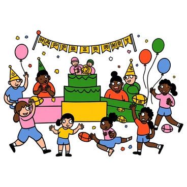 A colorful birthday party scene set up for children, featuring a large rugby-themed cake decorated with green icing and miniature rugby players on top. Around the cake, there are vibrant decorations, including balloons in the shape of rugby balls and banners that read "Happy Birthday" in bold letters. Tables are covered with bright tablecloths, and party hats shaped like rugby helmets are scattered throughout. Children of various backgrounds, with big eyes and excited expressions, are playing games in the background, actively engaged in rugby-related activities. Some children are holding small rugby balls, while others are gathered around the cake, ready to celebrate.