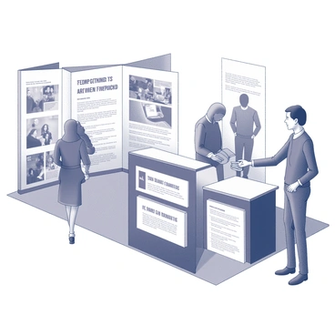 A trade pamphlet displayed prominently at an expo. The pamphlet is open, showcasing a variety of bold graphics and text. One side features an eye-catching headline in large font, while the opposite side has several bullet points summarizing the key features of a product or service. An individual is handing the pamphlet to a person standing nearby, who appears interested and is reaching out to take it. The background shows other expo booths and attendees engaged in conversation.