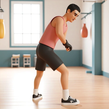 A close-up of an amateur boxer, wearing a red tank top and black shorts, focusing intently as he practices footwork drills on a wooden gym floor. His shoes are black and white, with the laces tightly secured. Sweat is glistening on his forehead, showing his effort. His feet are in motion, displaying a quick step to the side, while his hands are raised in a guard position. The background features a blurred view of gym equipment, with a punching bag hanging nearby.