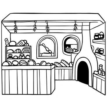 The interior of a hobbit bakery features a wooden counter laden with an assortment of freshly baked bread. Round loaves and baguettes are neatly arranged, giving a rustic appearance. The walls are lined with wooden shelves displaying jars of honey and jams. A large stone oven occupies one corner, with a gentle plume of smoke rising from it. A window reveals a view of a lush, green landscape outside. The ceiling is low and supported by wooden beams, adding to the cozy atmosphere. Herbs hang from the rafters, contributing to the warm, inviting scent of the bakery.